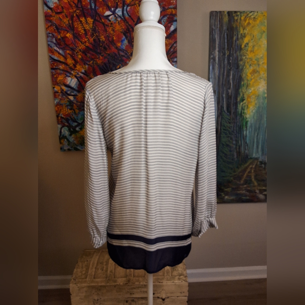 Joie Silk White and Navy Pleated Mandarin Collar Blouse - Picture 6 of 6